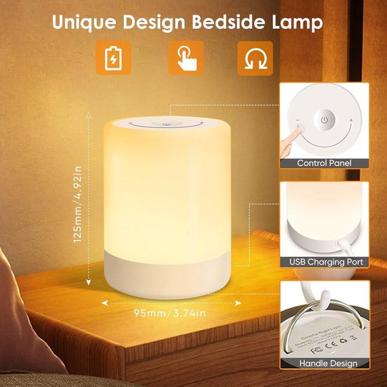 Led-bedlampje, dimbaar touch-nachtlampje, warme modus en RGB-dimtafellamp, USB-oplaadbaar, cadeau voor kinderen/volwassenen van Merkloos — afbeelding 2