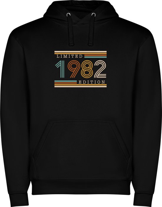Sweat-shirt à capuche unisexe noir avec impression « Édition Limitée Colorée 1982 – Anniversaire – Âge – Humour » Full Color de marque Roly taille M