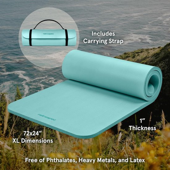 Yogamat 1 inch dik met nylon riem voor mannen en vrouwen - antislip oefenmat voor thuis yoga pilates stretching vloer en fitness workouts - blauwe rand van Yogamat — afbeelding 2