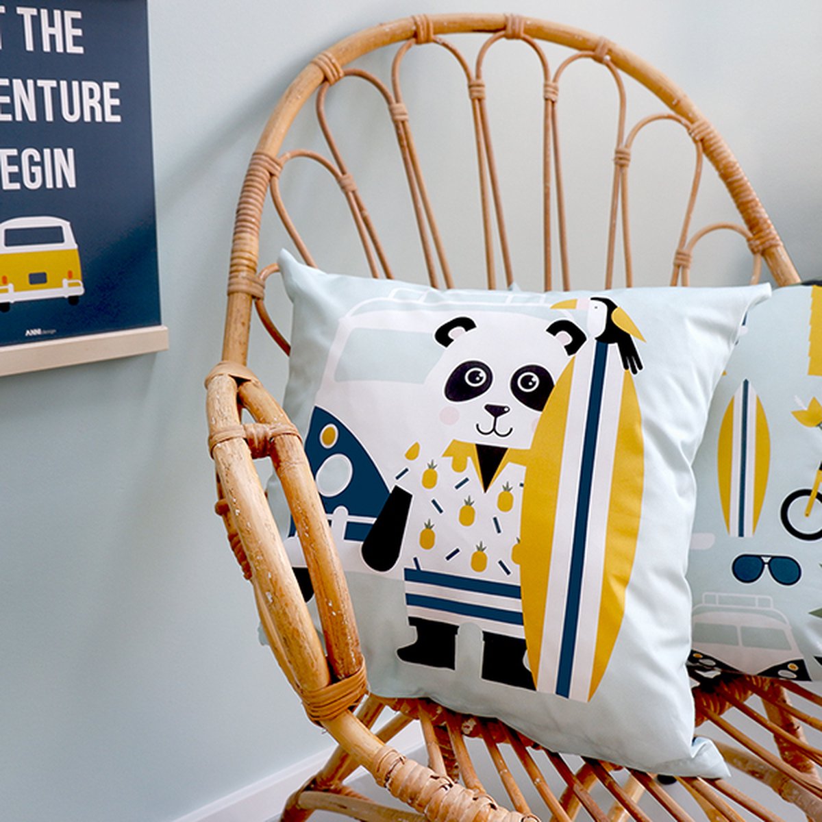 Sierkussen Panda boy 40x40 tweezijdig mint groen met rits inclusief vulling voor kinderkamer