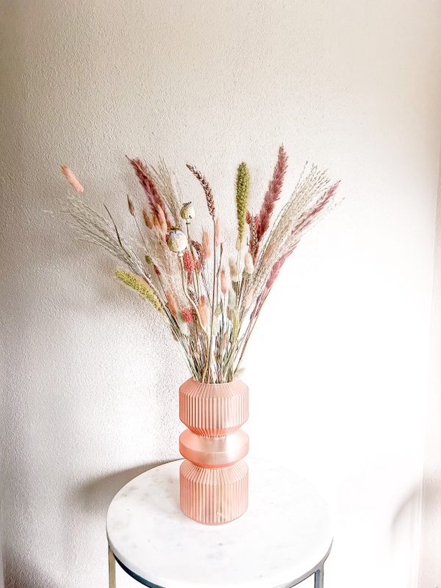 Droogbloemen – Boeket Nikki (incl. vaas) - Vaas met droogbloemen - Vaas opgemaakt - Roze - Groen - Beige - Champagne - Brique - Droogboeket - Droogbloemen