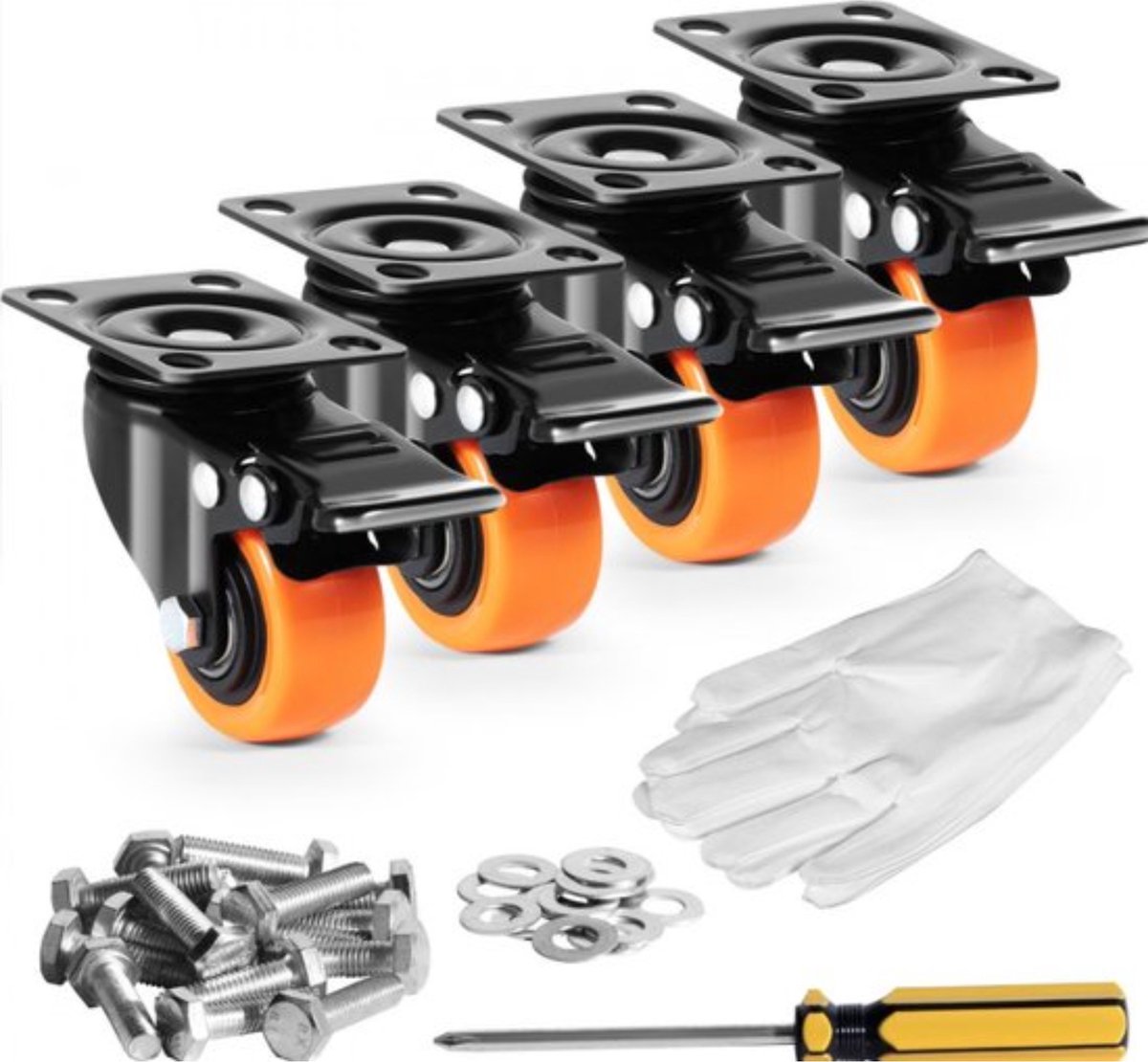 Set van 4 Professionele Zwenkwielen - Dubbele Vergrendeling - PVC Caster Wielen - 10,5 cm Hoog - Inclusief Montage Materiaal