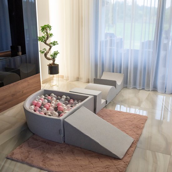 KiddyMoon piscine à balles carrée piscine à balles 120x30cm/1000 balles ∅ piscine à balles carrée 7cm pour groupe de jeu bébé, fabriquée dans l'UE, gris clair: gris perle-transparent-rose poudré