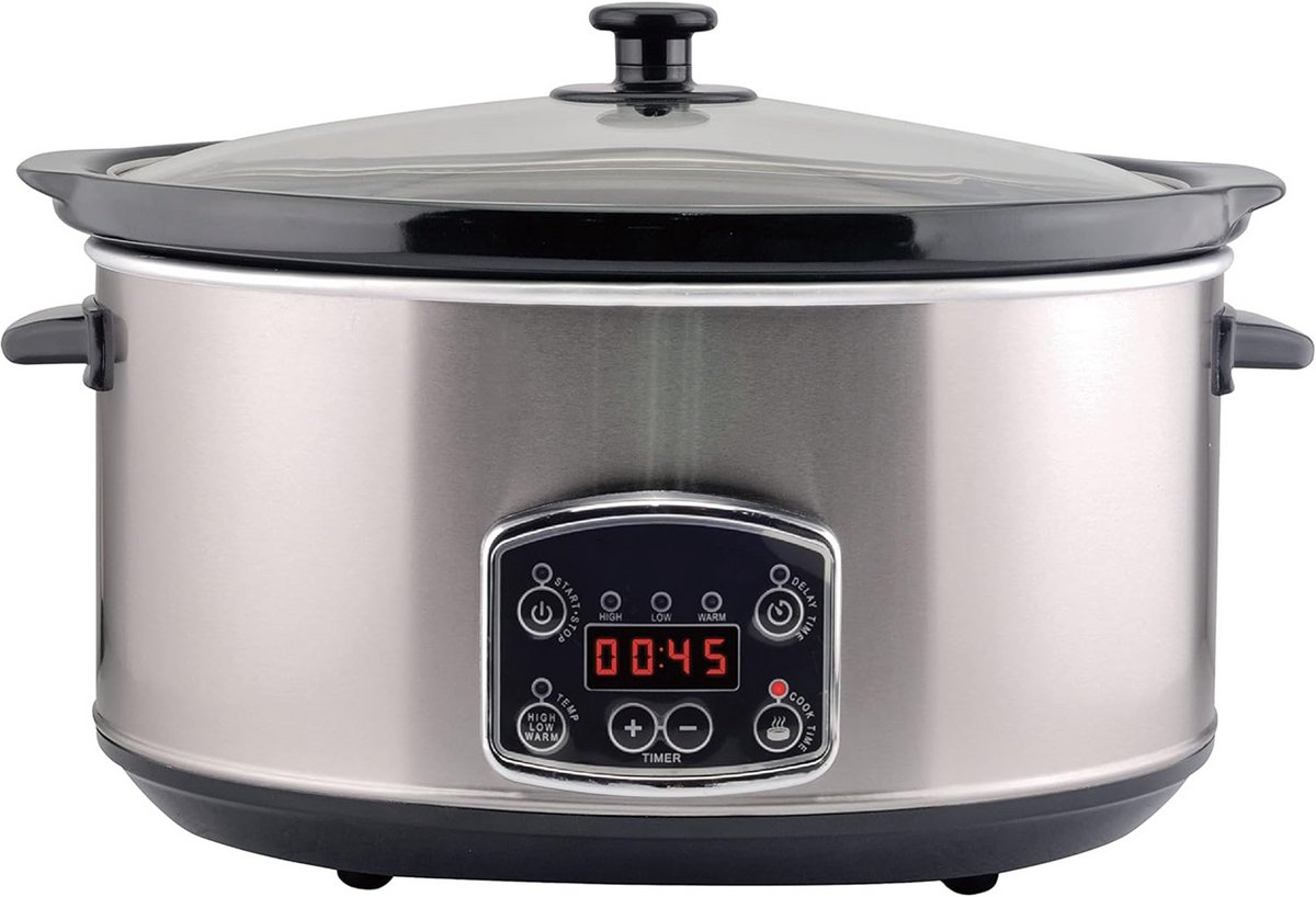 ApexArte® Slowcooker met Timer - Keramische Binnenpan - Hotpot - Zwart en Staal