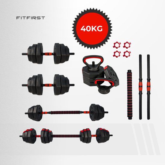 FitFirst 4-in-1 Verstelbare Dumbbells, Halter & Kettlebell Set – 40 kg – Complete Thuisgym Oplossing – Zwart/Rood