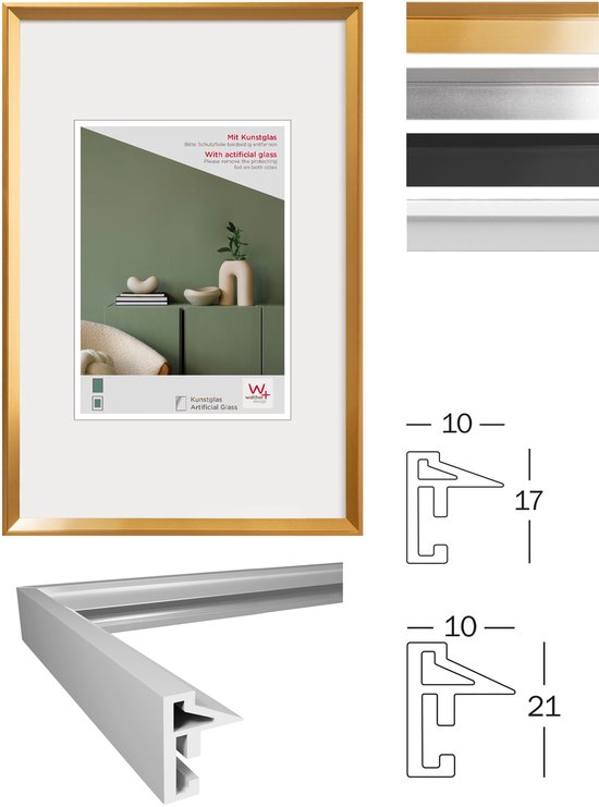 Goudkleurige fotolijst met kunstglas, inclusief profielschetsen en kleurstalen.