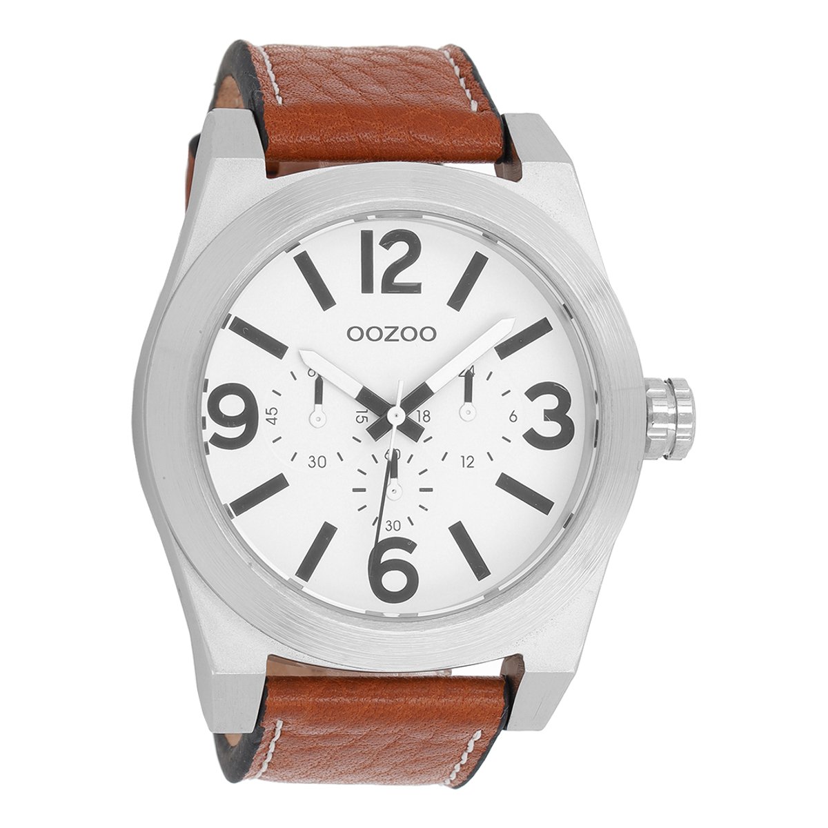 OOZOO Timepieces - Zilverkleurige horloge met cognac leren band - C6730