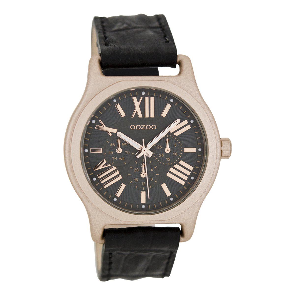 OOZOO Timepieces - Rosé goudkleurige horloge met zwarte leren band - C7614