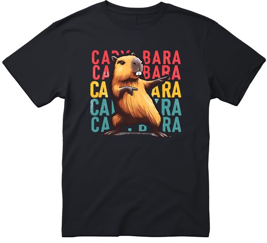 Zwart t-shirt met opdruk van een dansende capibara en tekst "CAPYBARA" in rode, gele en blauwe letters.