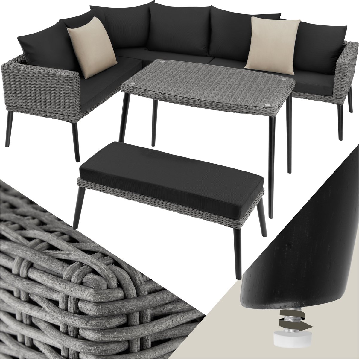 tectake® - Wicker lounge Pula met aluminium frame - grijs - 404792