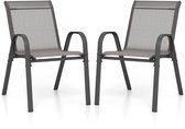 COSTWAY Set van 2 stapelbare tuinstoelen, stapelstoelen van textiel en metalen frame, terrasstoelen met armleuningen, balkonstoelen, belastbaar tot 150 kg, 56 x 70 x 84 cm, grijs