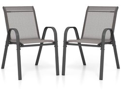 COSTWAY Set van 2 stapelbare tuinstoelen, stapelstoelen van textiel en metalen frame, terrasstoelen met armleuningen, balkonstoelen, belastbaar tot 150 kg, 56 x 70 x 84 cm, grijs