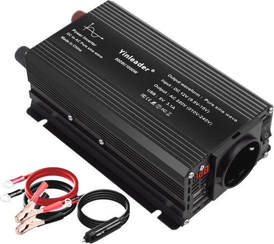 Zuivere Sinus Omvormer 500W 1000W DC 12V naar 230V AC, 1 EU Stopcontact, 2 USB poorten, LED