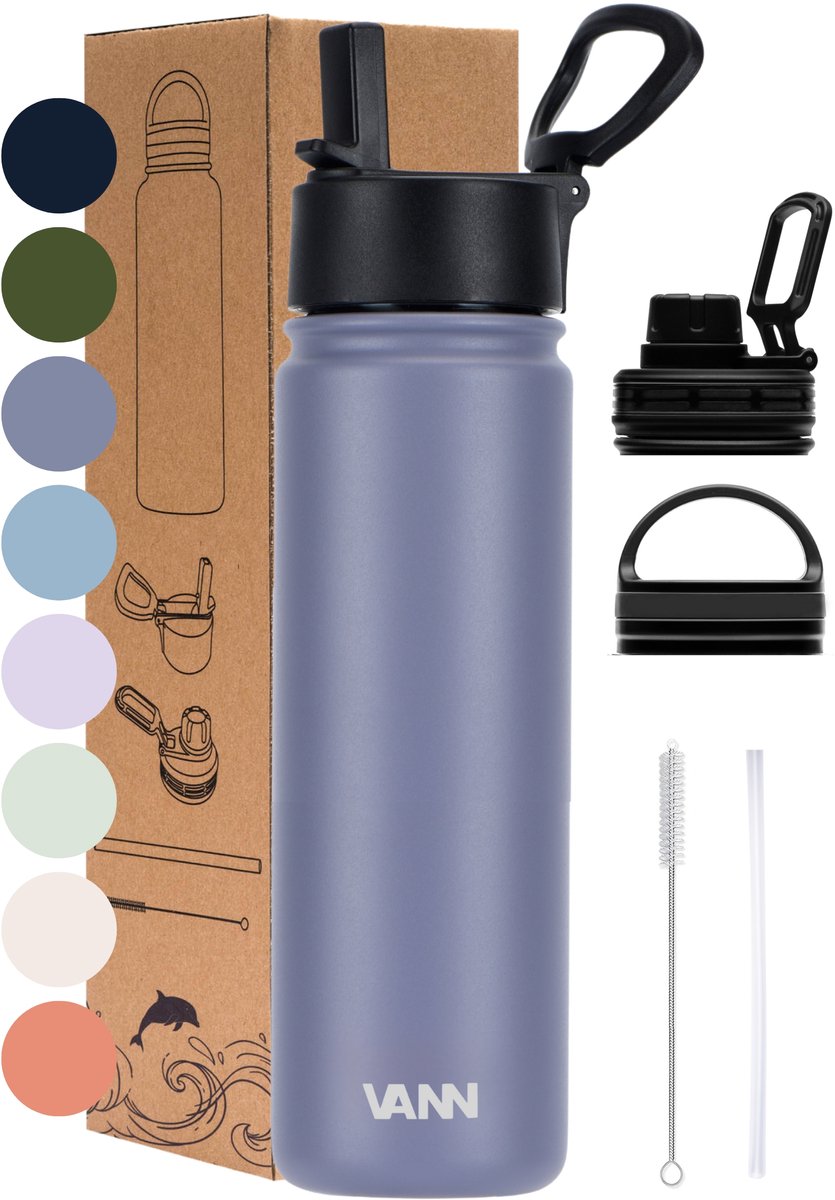 VANN® 3-Wandige RVS Drinkfles 650 ML met rietje voor volwassenen – Met 5 accessoires – Thermosfles – 24 uur koud/12 uur warm – Lavender Grey – VANN Ultimate Bottle®