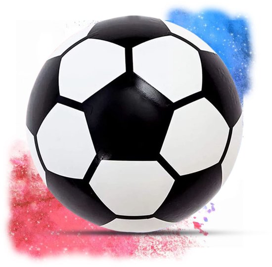 Un ballon de football noir et blanc avec un nuage de poudre rose et bleue derrière. Le ballon présente des motifs hexagonaux typiques.