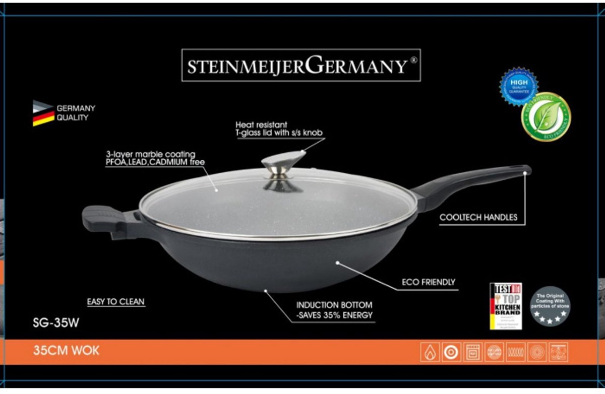 SteinMeijerGermany XXL Wok pan 35 cm wok- met glazen deksel -Marble Coating Zwart -vok pan 35 cm -de grootste Wokpan met handvat inductie