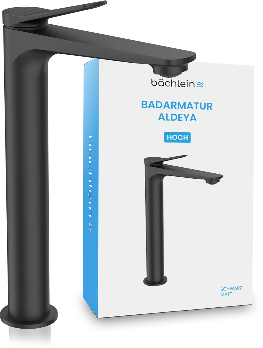 Bächlein badkamerkraan Aldeya high in modern design, extra hoge ééngreepsmengkraan voor opzetwastafel met bevestigingsset, badkamerkraan zwart mat