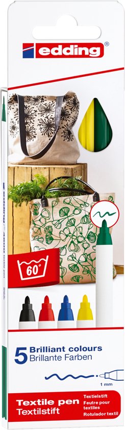 Emballage de stylos textile Edding, 5 couleurs de base : noir, rouge, bleu, jaune, vert. Illustre des sacs en tissu avec des motifs floraux et végétaux.