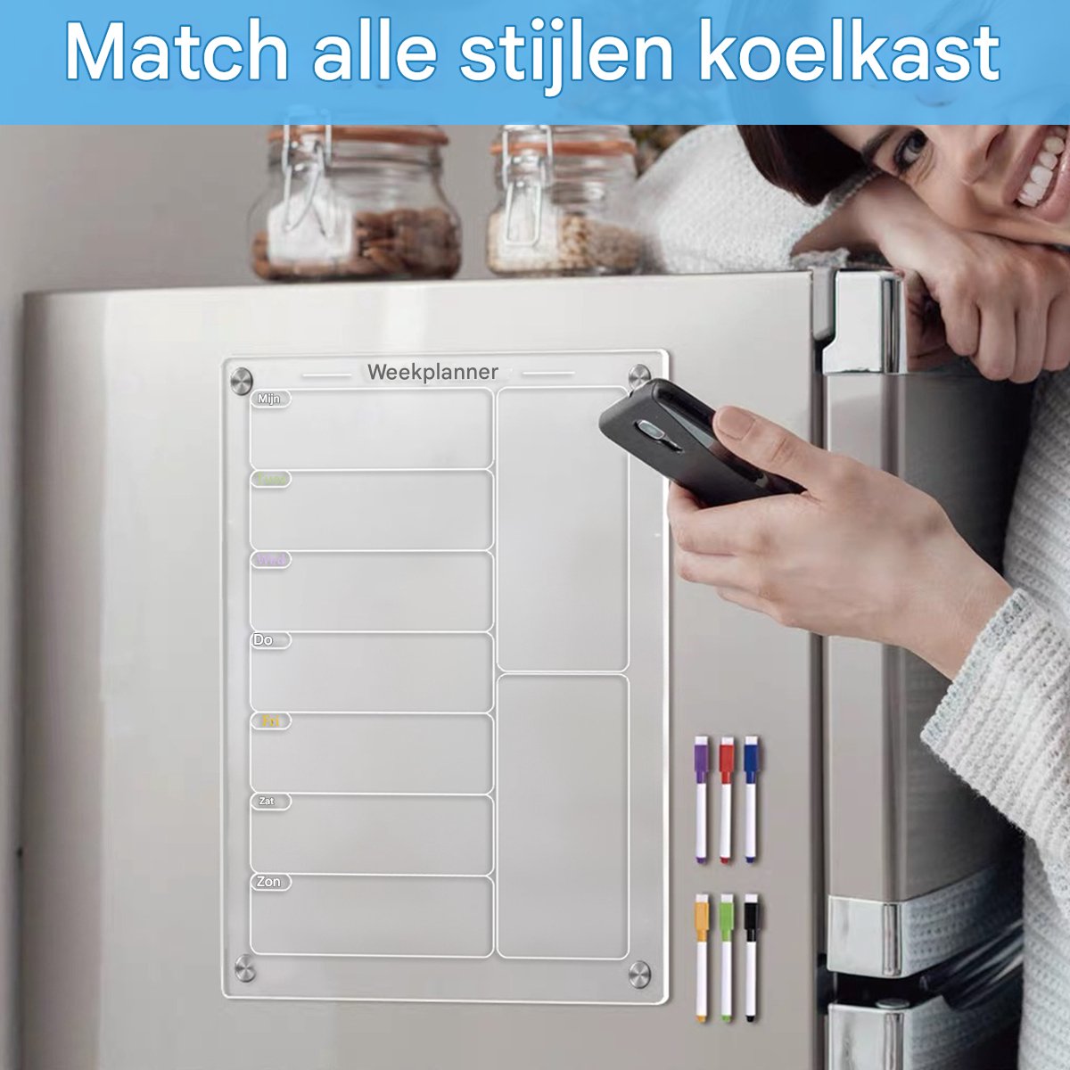 Acryl Magnetisch Menu Bord voor Keuken - Acryl Weekkalender voor Koelkast - Acryl Whiteboard voor Koelkast - met 6 Magnetische Uitwisbare Markers - 20x30cm — cadeau in Kookcadeaus - foto 4