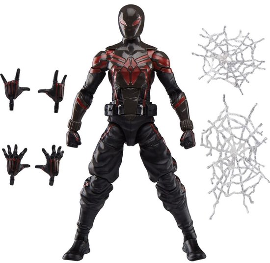 Actiefiguur van Miles Morales in Brooklyn 2099-pak, met web-effecten en extra handen.