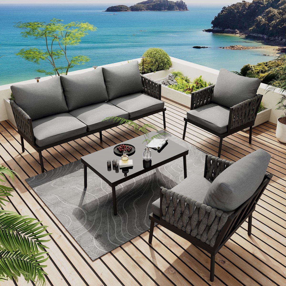 Tuin loungeset - 3-zitsbank + 2 fauteuils + salontafel - Glazen tafelblad - Gevlochten touw armleuningen - Gegalvaniseerd staal - Grijs