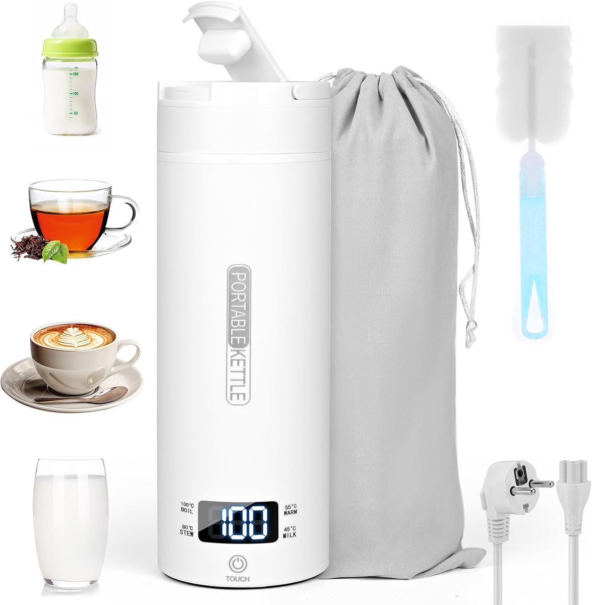Draagbare waterkoker met instelbare temperatuur, 450 ml, voor thuis en reizen