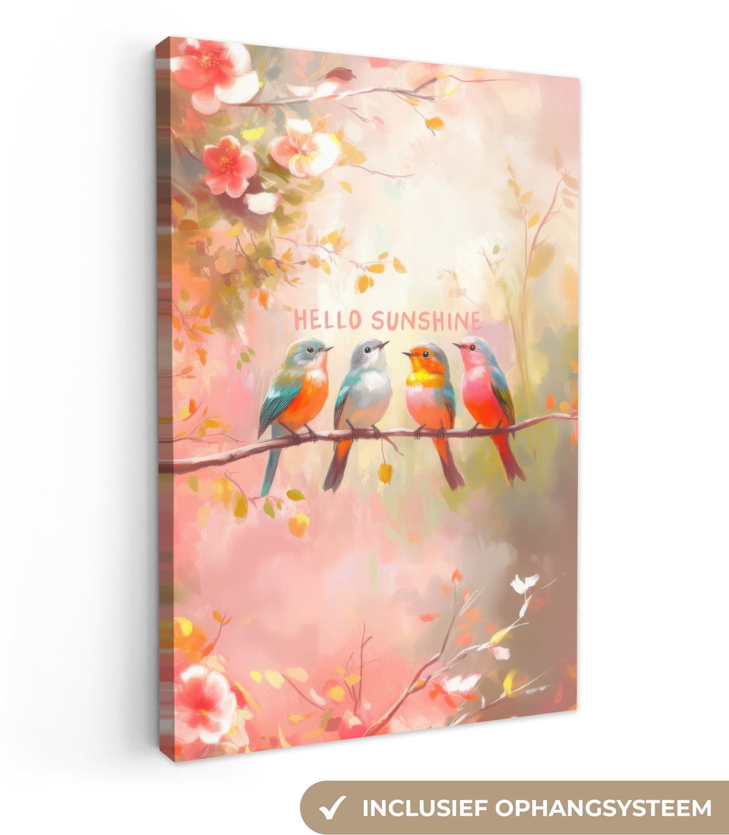 Canvas schilderij 40x60 cm - Exclusieve wanddecoratie Vogels - Tak - Quote - Roze - Muurdecoratie woonkamer - Slaapkamer decoratie - Kamer accessoires - Schilderijen op canvas