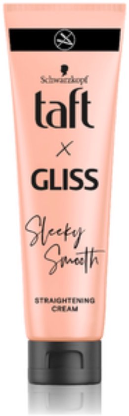 Taft x Gliss Sleeky Smooth Straightening Cream tube. Zacht perzikroze kleur, met zwarte dop. Tekst: Stijl en zacht haar zonder stijltang, tot 89% minder haarbreuk, hitte & anti-frizz bescherming.