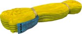 Gele polyester rondstrop van 3 meter met een blauw label.