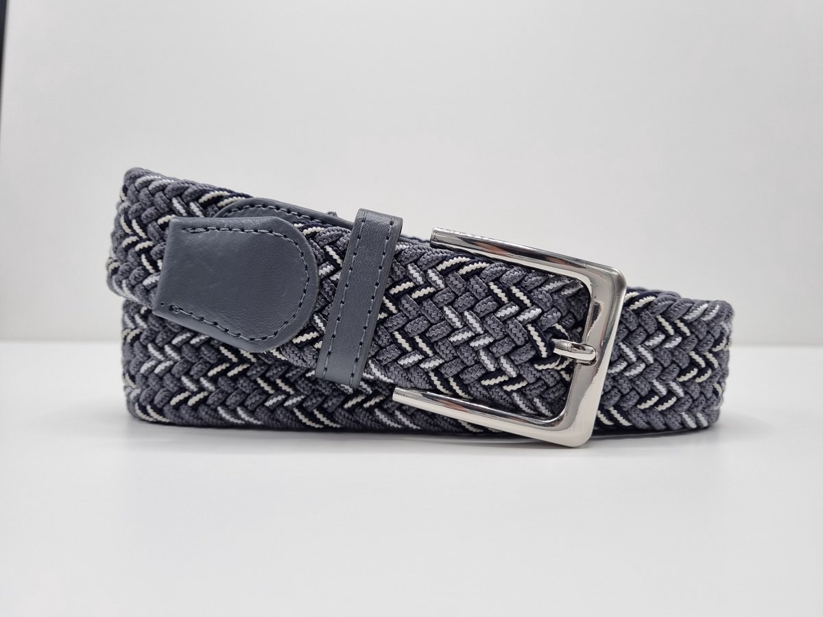 Elastische riem - gevlochten broekriem - dames en heren riemen - kleur Grijs wit 110 cm