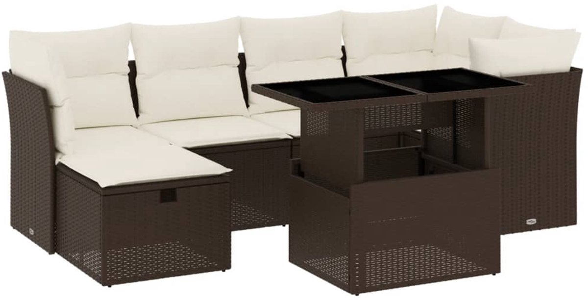 The Living Store 7-delige Loungeset met kussens poly rattan bruin - Loungebank - Lounge Set - Tuinlounge - Buitentijd - Outdoor Furniture