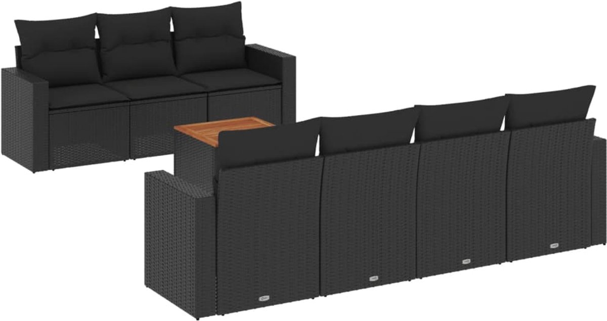 8-delige Loungeset met zwarte kussens van poly rattan - Tuinmeubels.