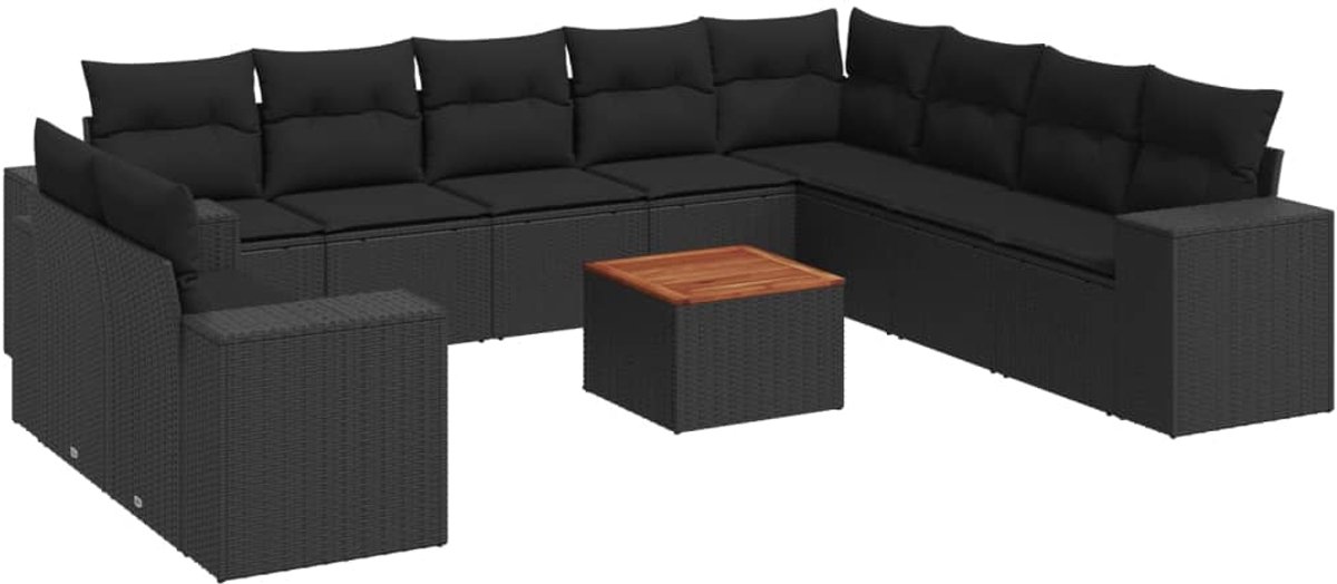 The Living Store 11-delige Loungeset met kussens poly rattan zwart - Loungeset - Tuinlounge - Buitendecoratie - Loungemeubels - Outdoor Furniture