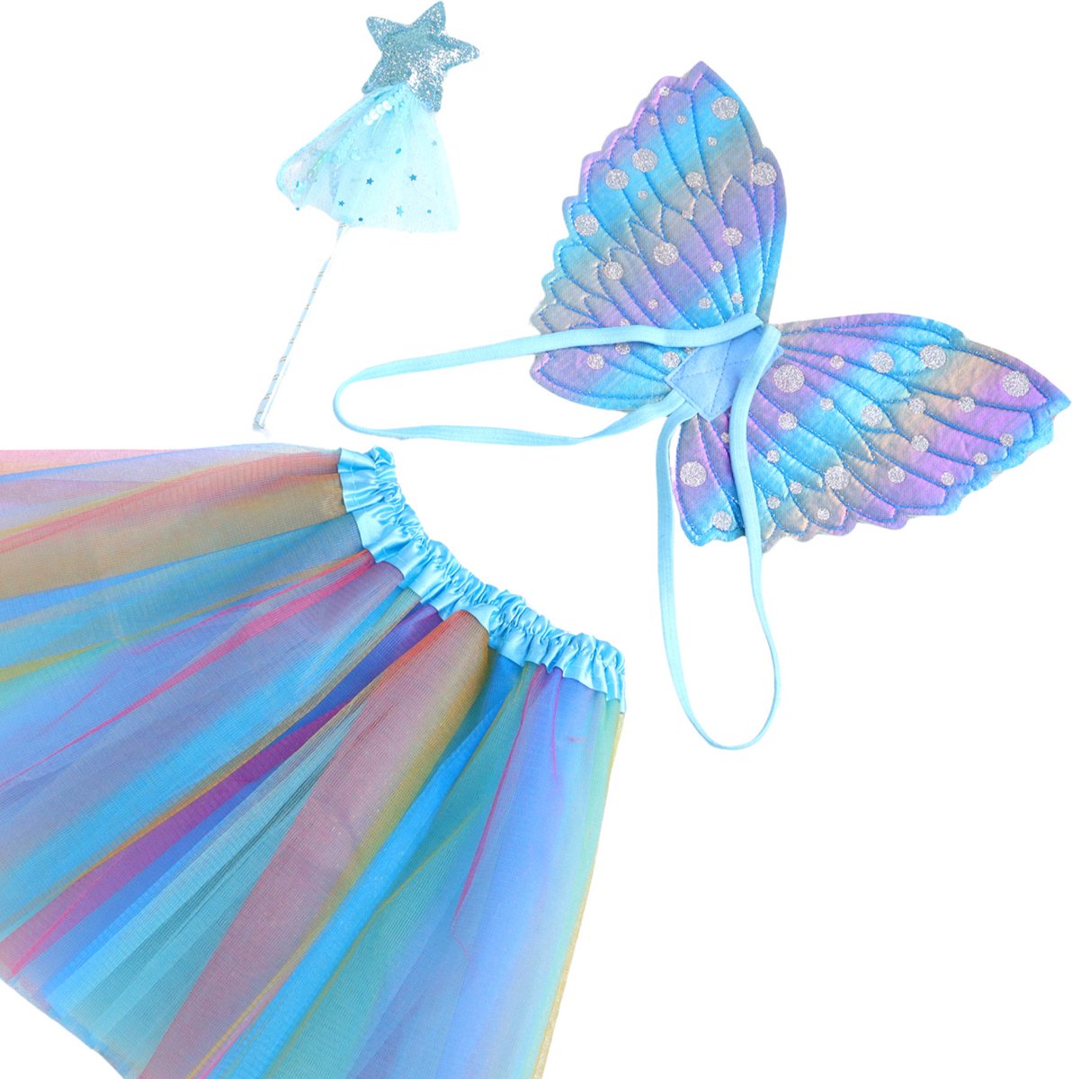 Joya Kids® Blauwe tutu met Vleugels en Staf | Tover fee Verkleedset voor Meisjes | Tutu verkleedkleding | Prinsessencape | Cape Set | Unicorn | Meisje Verkleedset | Carnvalskleding Halloween Meisjes | Met Staf, Vleugels en Tutu | Metallic Blauw — afbeelding 10