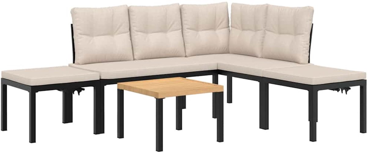 The Living Store 5-delige Loungeset met kussens gepoedercoat staal zwart - Tuin Lounge Set - Loungebank - Buitendiner - Tuinstoel - Outdoor Furniture