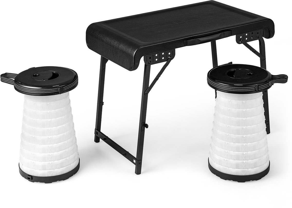 COSTWAY Draagbare klaptafel met 2 led-telescoopkrukken, campingtafel en in hoogte verstelbare kruk, campingkruk, klapkruk tot 200 kg belastbaar, voor kamperen, reizen, vissen