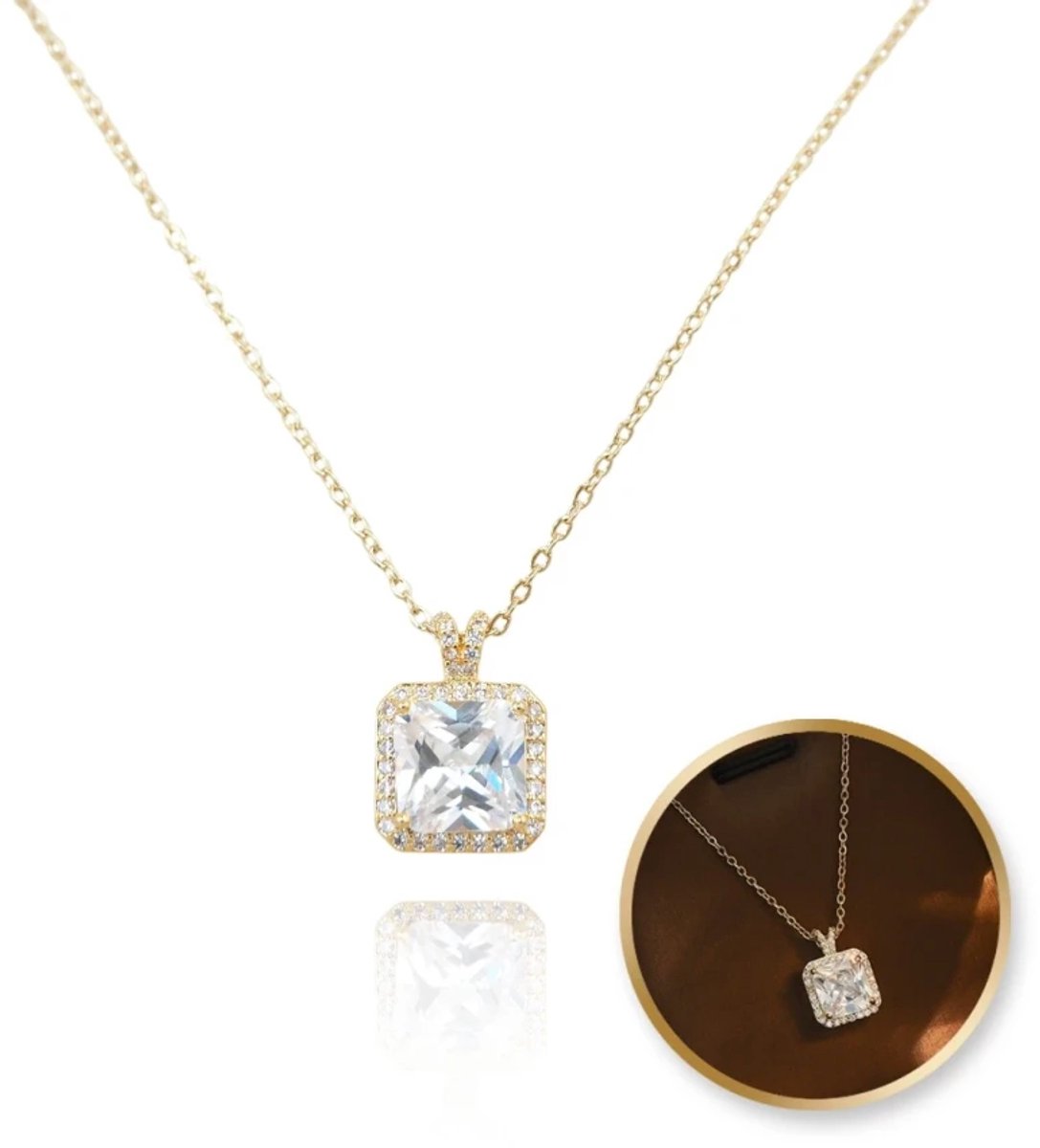 Luxe halsketting met vierkant zirkonia steen 14 k goud verguld / VERJAARDAG CADEAU / collier / luxe cadeau / luxe doos erbij / voor dames en vrouwen / sOwiesO shop / roestvrij staal / elegant / prachtige sieraden /