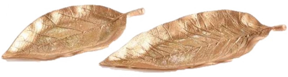 Set van 2 dienbladen in de vorm van een blad uit kunsthars kleur goud Groot: cm 27,5 x 9,5 H Klein: 22 x 8,5