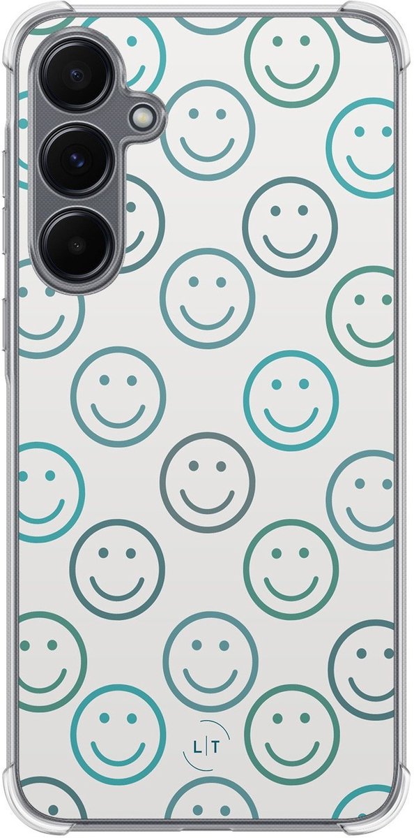Shockproof hoesje - Geschikt voor Samsung Galaxy A15 - Happy faces - Extra sterke case - TPU/polycarbonaat - Print / Illustratie - Blauw, Transparant