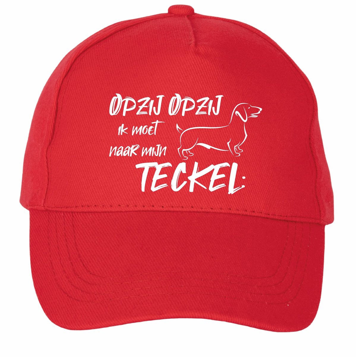 Mijncadeautje - 5 panel - Cap - Verstelbaar - Pet van 100% dik geborsteld katoen- unisex - opdruk wit - opzij opzij naar mijn teckel - rood