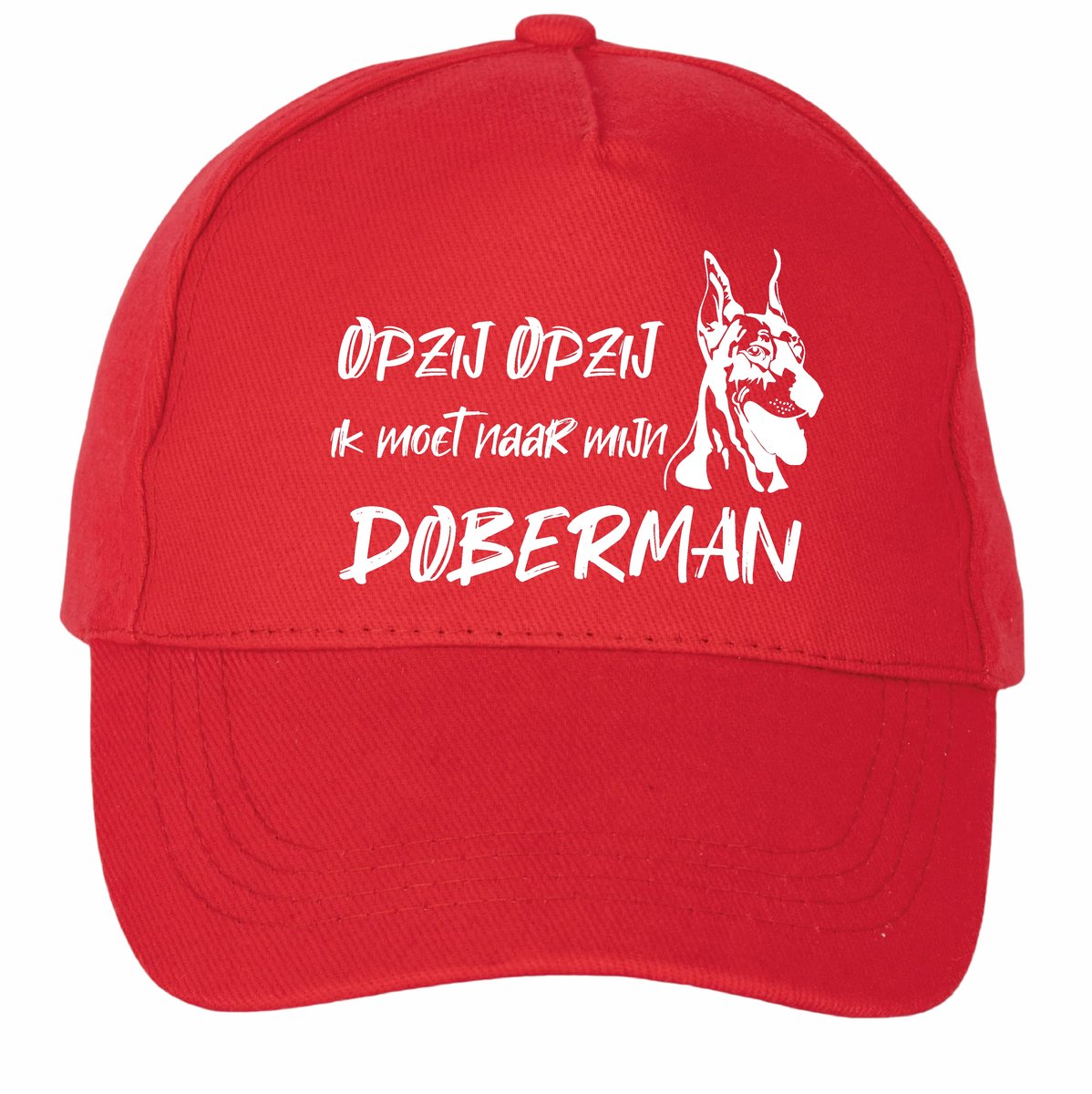 Mijncadeautje - 5 panel - Cap - Verstelbaar - Pet van 100% dik geborsteld katoen- unisex - opdruk wit - opzij opzij naar mijn doberman - rood