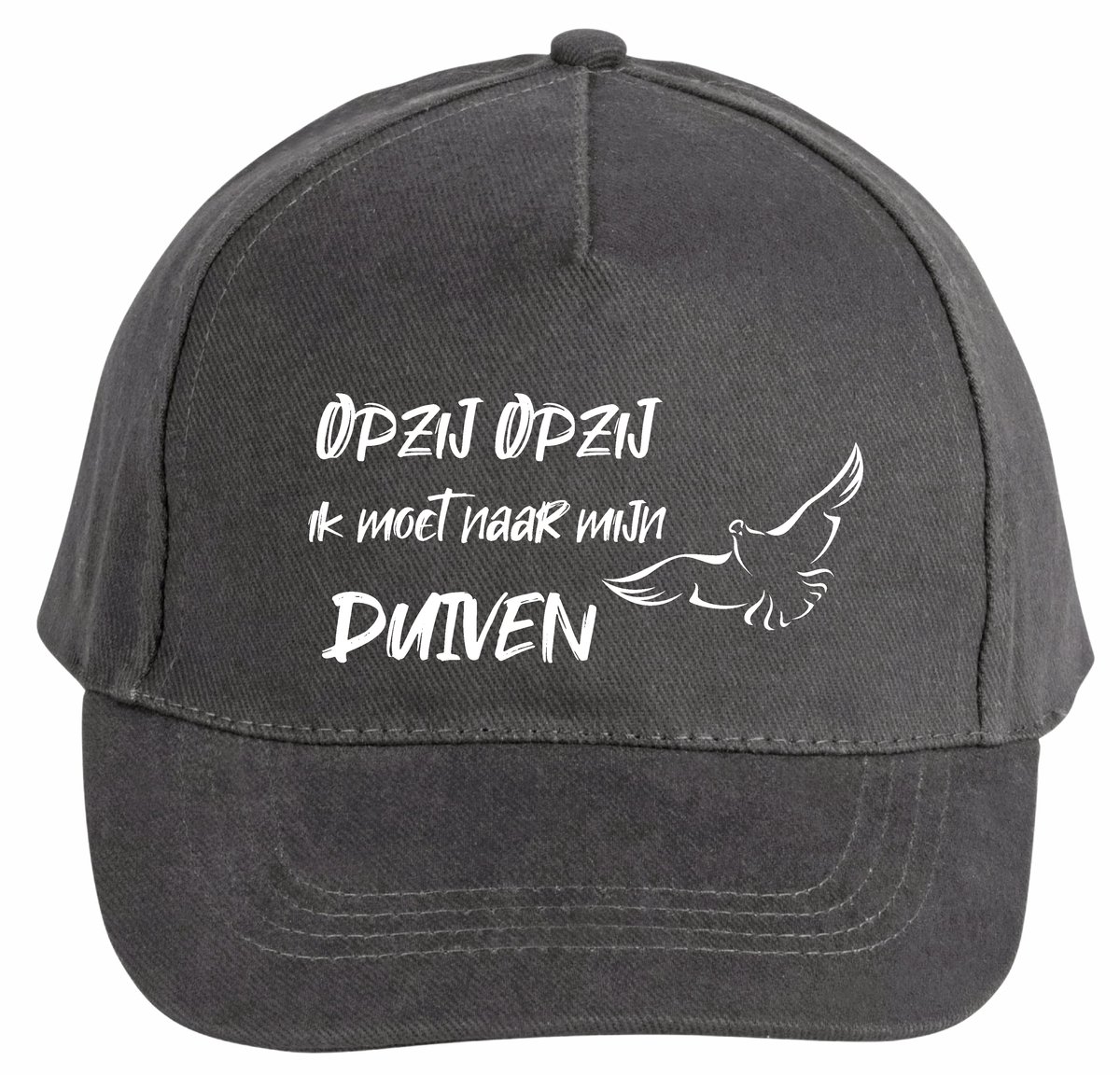 Mijncadeautje - 5 panel - Cap - Verstelbaar - Pet van 100% dik geborsteld katoen- unisex - opdruk wit - opzij opzij naar mijn duiven - chique grijs