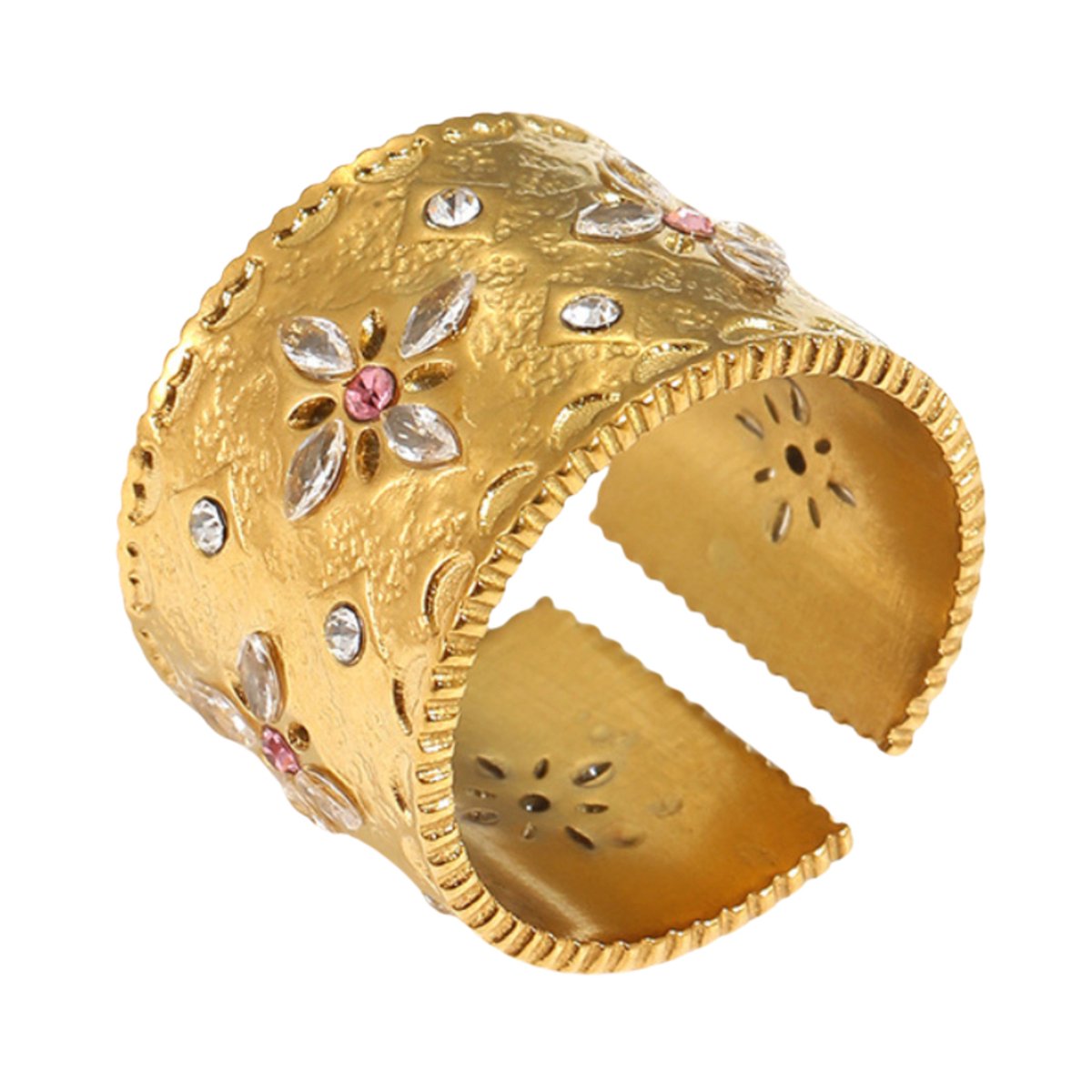 Marama - Ring Francine Goud - stainless steel met gouden plating - strass steentje - reliëf - subtiel - trendy - goudkleurig - damesring - brede ring