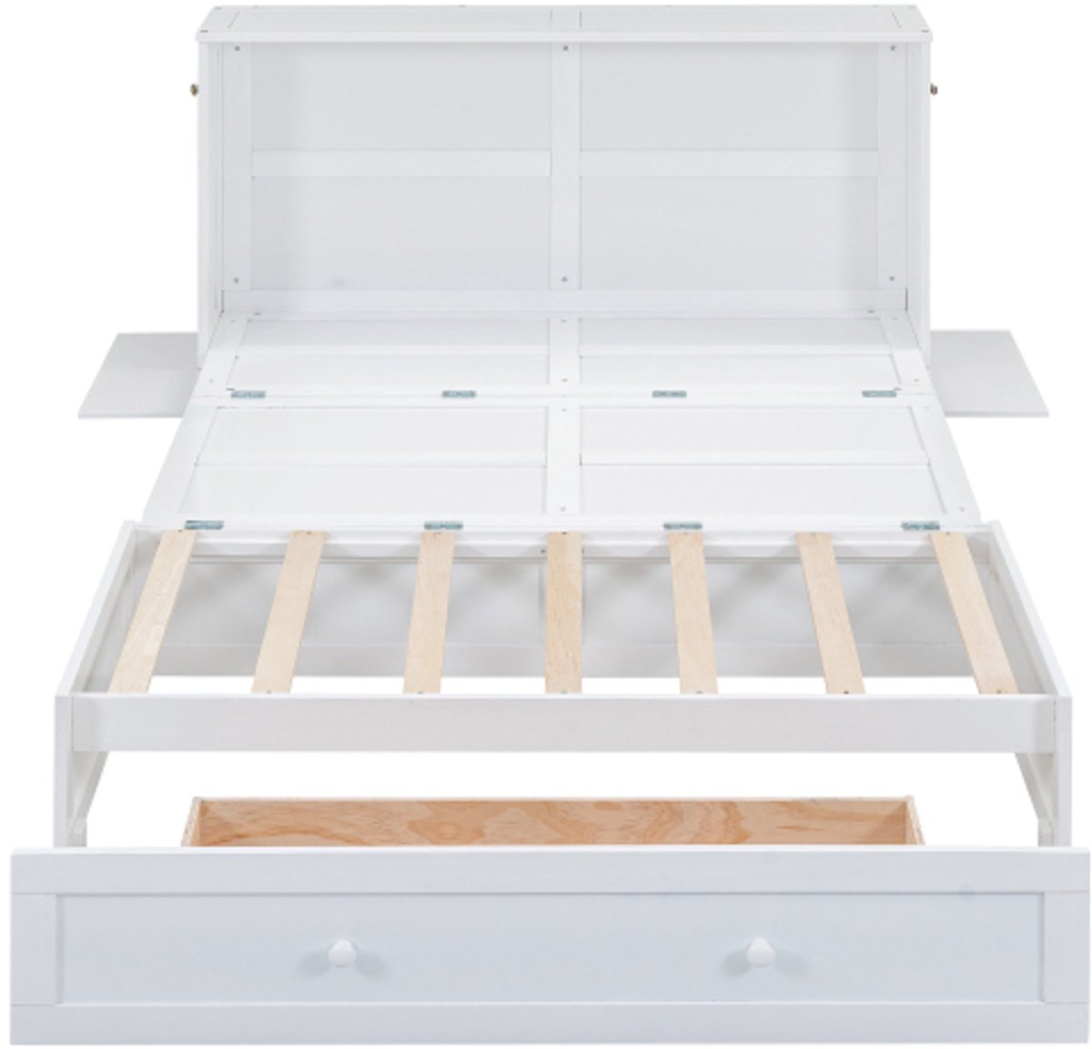 Gotagee Houten bed 140 x 200 Mobiel wandbed met lades aan het voeteneinde van het bed en een klein plankje aan de zijkant van het bed, Omvormbare platformbedden, Wit