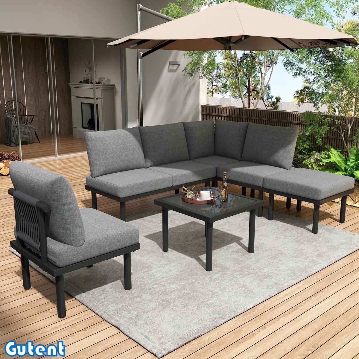 Gutent Tuinstoelenset - Gegalvaniseerd ijzeren frame - Set van 6 - Grijs touw - Verstelbare poten - Glazen blad - Inclusief alle zittingen en kussens - Grijs-Geen paraplu's.