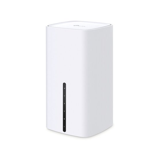 Witte TP-Link Archer NX200 5G-router in een slank, rechtopstaand ontwerp met een verticale zwarte statusbalk aan de voorzijde.