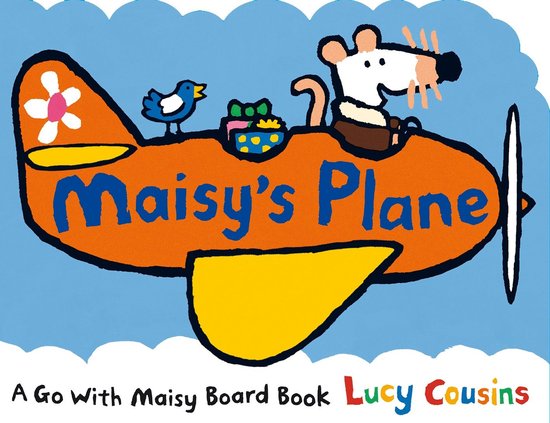 Oranje vliegtuig met de tekst 'Maisy's Plane', een muis, een vogel en een cadeau, tegen een blauwe achtergrond.