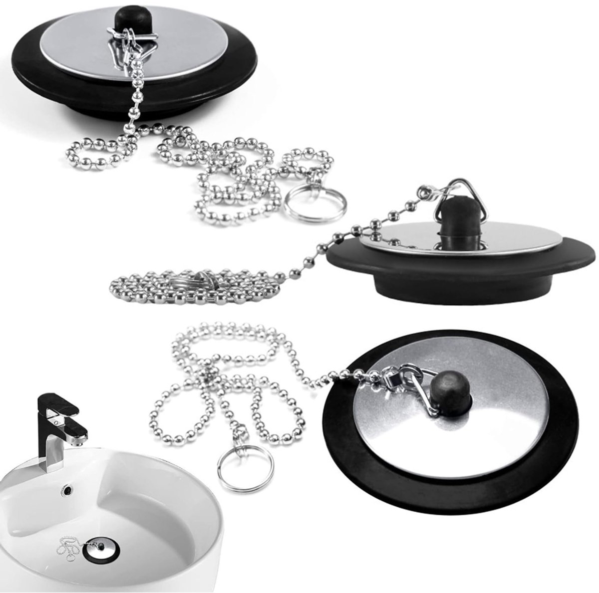 3 Stuks Afvoerpluggen, Universele Kleppluggen, Diameter 45-43 mm Badplug, Stopketting, Spoelbakstopsluiting, met 40 cm Stopketting, voor Spoelbak, Spoelbakstop, badkamer, keuken