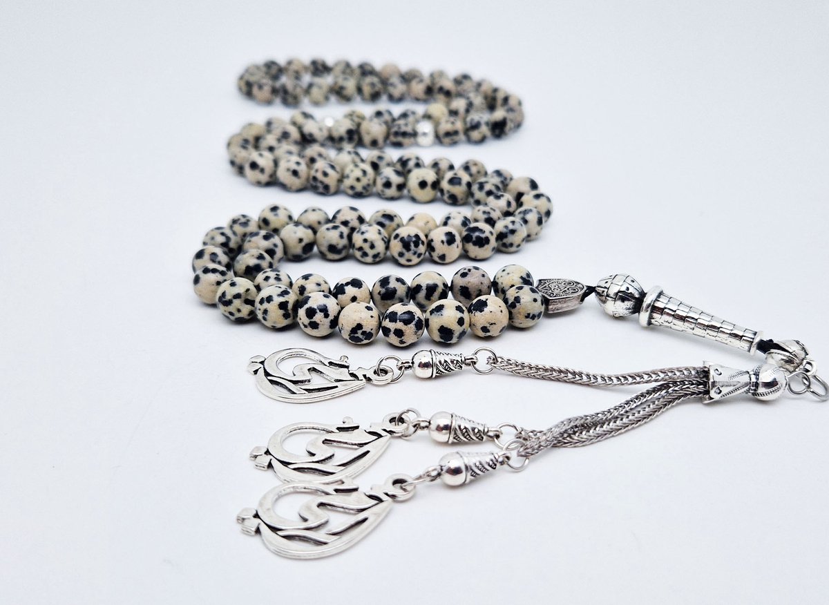 Handgemaakte tesbih "Tasbih" natuursteen " Jasper Dalmatin" - Aantal kralen 99 - Diameter kralen 8MM - met metaal tassel "Mijn moeder" - Een mooi cadeau-idee