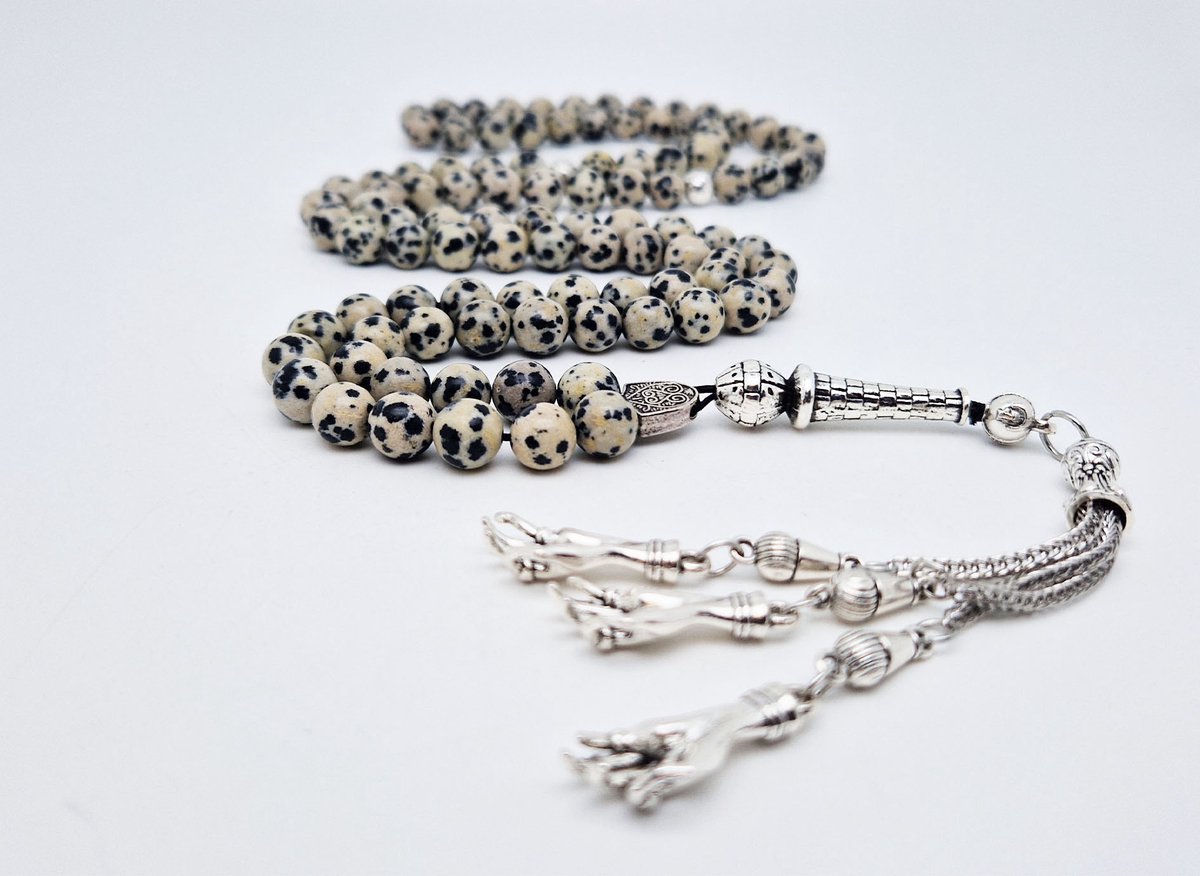 Handgemaakte tesbih "Tasbih" natuursteen " Jasper Dalmatin" - Aantal kralen 99 - Diameter kralen 8MM - met metaal tassel "Palm" - Een mooi cadeau-idee